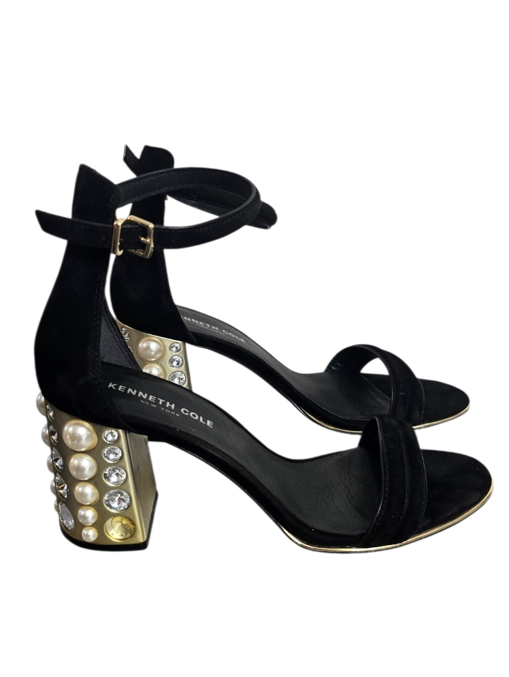 Kenneth Cole Black Pearl & Crystal Block Heel Sandals